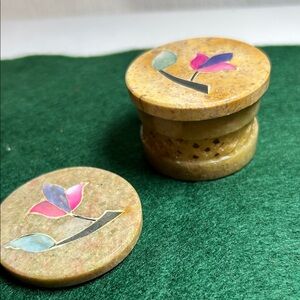 Polished Round Soap-Stone Trinket Box in Olive and Cream Tones